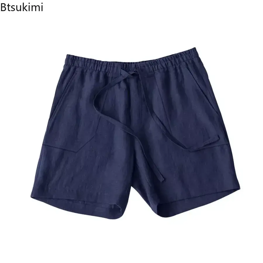 Summer New Men's Casual Beach Shorts Fashion Simple Solid Loose Drawstring Short Pants Men Cotton Linen Breathable Sport Shorts