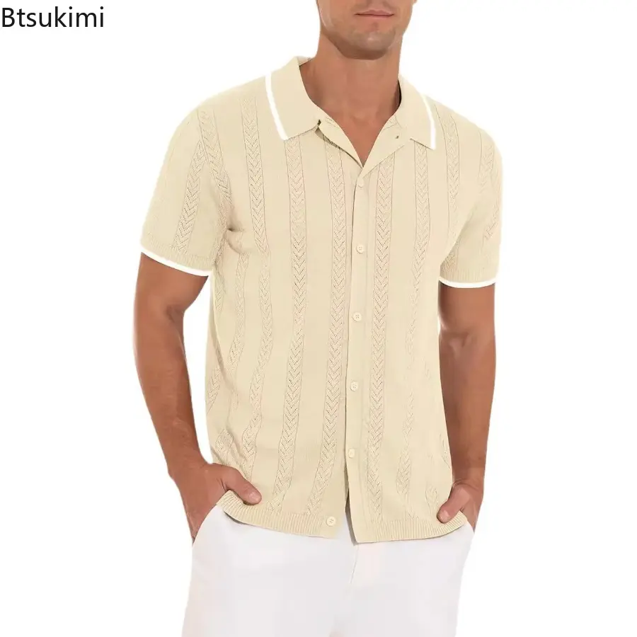 Summer Breathable Hollow Out Shirts for Men Casual Short-sleeved Knitted Vintage Cardigan Fashion Patchwork All Match Lapel Tops