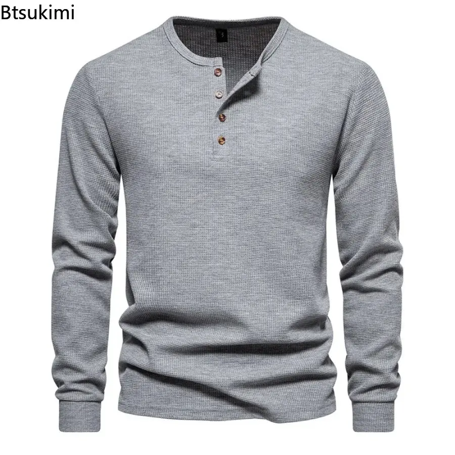 2025 Men's Waffle Solid Casual T-shirts Long Sleeve Henley Shirts Men Basic Breathable Sport Tops Comfy Versatile Bottoming Tees