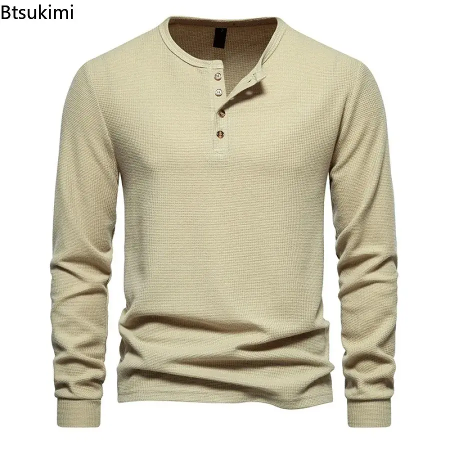 2025 Men's Waffle Solid Casual T-shirts Long Sleeve Henley Shirts Men Basic Breathable Sport Tops Comfy Versatile Bottoming Tees
