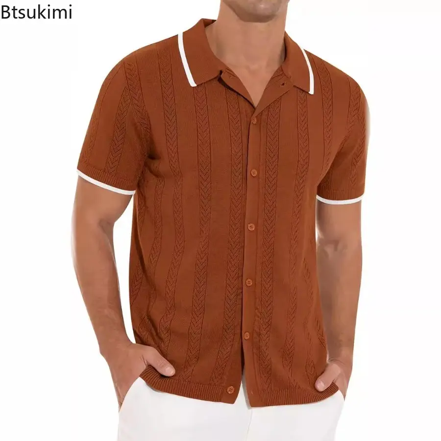 Summer Breathable Hollow Out Shirts for Men Casual Short-sleeved Knitted Vintage Cardigan Fashion Patchwork All Match Lapel Tops