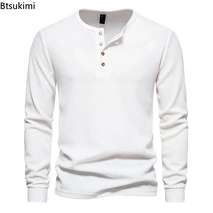 2025 Men's Waffle Solid Casual T-shirts Long Sleeve Henley Shirts Men Basic Breathable Sport Tops Comfy Versatile Bottoming Tees