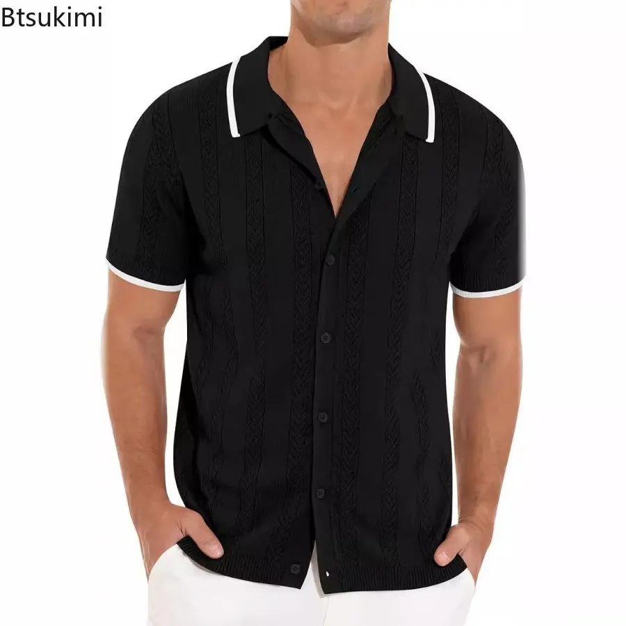Summer Breathable Hollow Out Shirts for Men Casual Short-sleeved Knitted Vintage Cardigan Fashion Patchwork All Match Lapel Tops