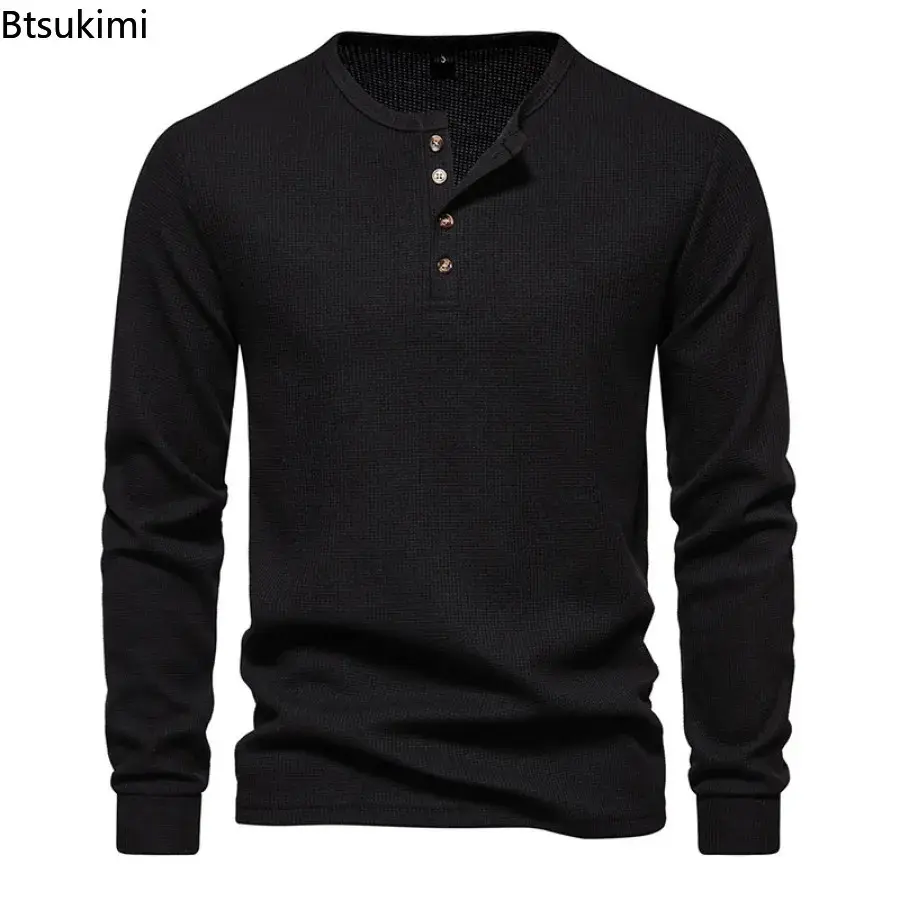2025 Men's Waffle Solid Casual T-shirts Long Sleeve Henley Shirts Men Basic Breathable Sport Tops Comfy Versatile Bottoming Tees