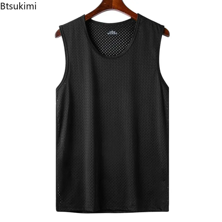 2025 Men Ice Silk Mesh Summer Thin Sleeveless Shirt Round Neck Breathable Sports Fitness T-Shirt Leisure and Comfortable Vests