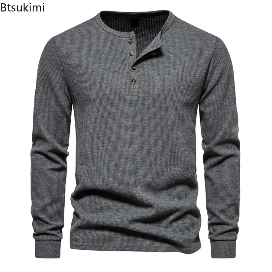 2025 Men's Waffle Solid Casual T-shirts Long Sleeve Henley Shirts Men Basic Breathable Sport Tops Comfy Versatile Bottoming Tees