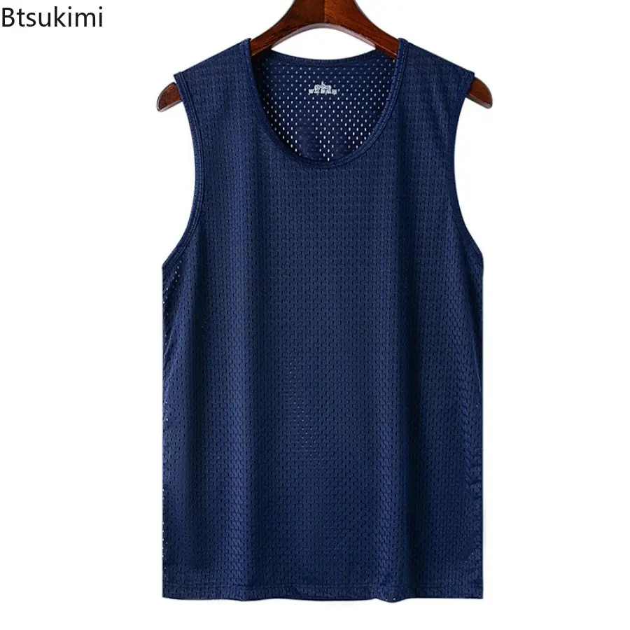 2025 Men Ice Silk Mesh Summer Thin Sleeveless Shirt Round Neck Breathable Sports Fitness T-Shirt Leisure and Comfortable Vests