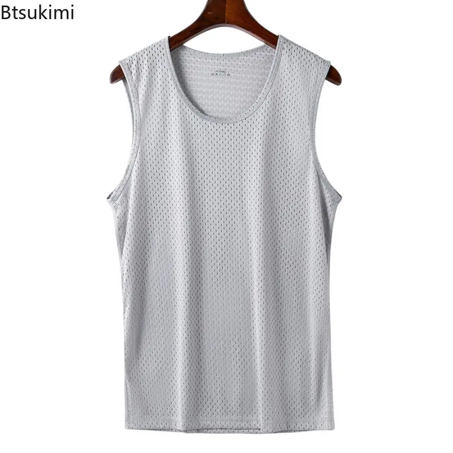 2025 Men Ice Silk Mesh Summer Thin Sleeveless Shirt Round Neck Breathable Sports Fitness T-Shirt Leisure and Comfortable Vests