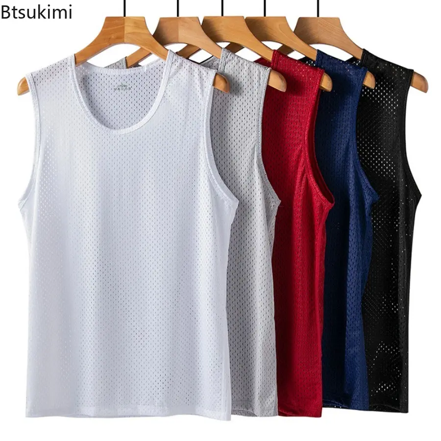 2025 Men Ice Silk Mesh Summer Thin Sleeveless Shirt Round Neck Breathable Sports Fitness T-Shirt Leisure and Comfortable Vests