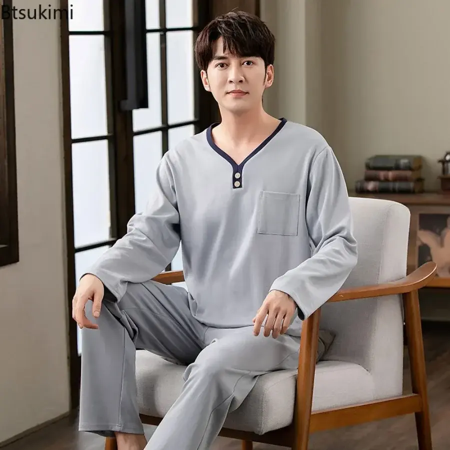 2025 Spring New Men's Long Sleeve Trousers Sleepwear Sets Fashion Patchwork Comfort Cotton Homewear Men Lounge Pajama Two Pieces