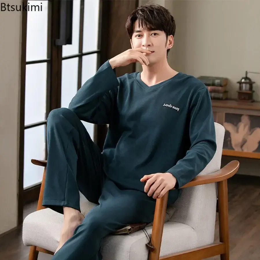 2025 Spring New Men's Long Sleeve Trousers Sleepwear Sets Fashion Patchwork Comfort Cotton Homewear Men Lounge Pajama Two Pieces