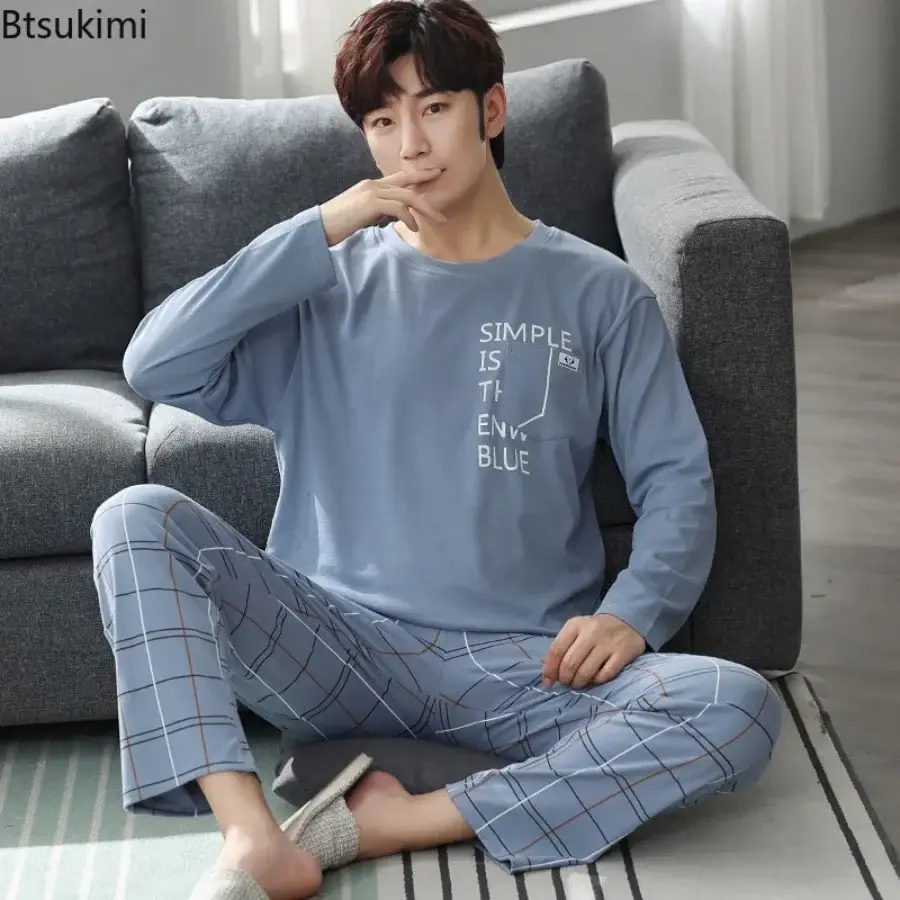 2025 Spring New Men's Long Sleeve Trousers Sleepwear Sets Fashion Patchwork Comfort Cotton Homewear Men Lounge Pajama Two Pieces