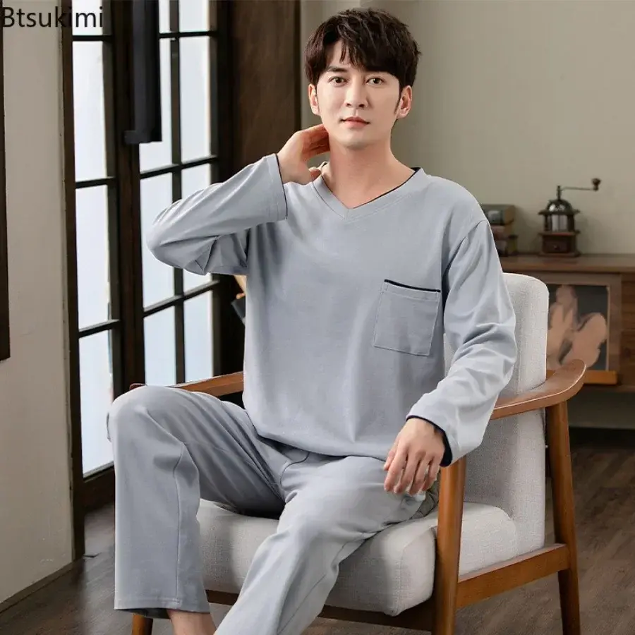 2025 Spring New Men's Long Sleeve Trousers Sleepwear Sets Fashion Patchwork Comfort Cotton Homewear Men Lounge Pajama Two Pieces