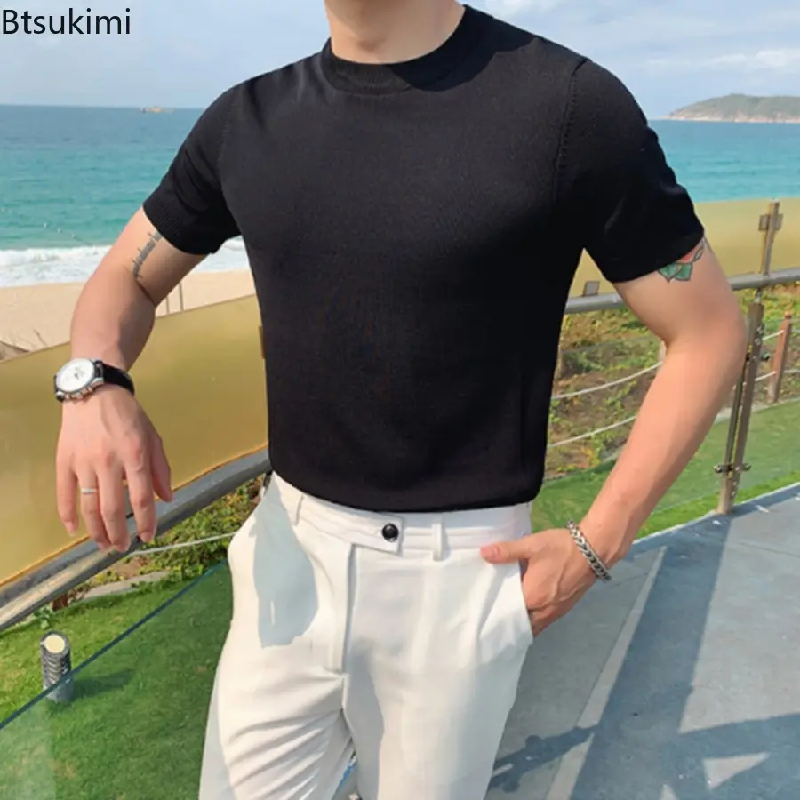 2025 High Quality Men's Knitted Short Sleeve T-shirt Summer Solid Slim All Match Knit Round Neck Pullover Fashion Men's Clothing