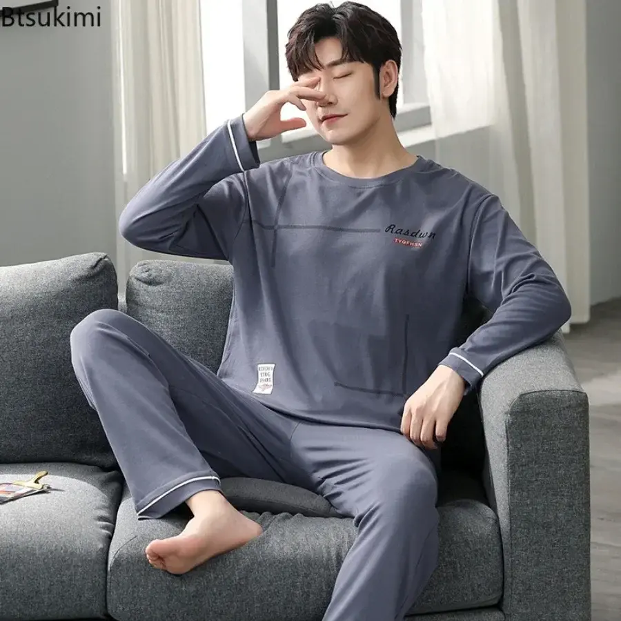 2025 Spring New Men's Long Sleeve Trousers Sleepwear Sets Fashion Patchwork Comfort Cotton Homewear Men Lounge Pajama Two Pieces