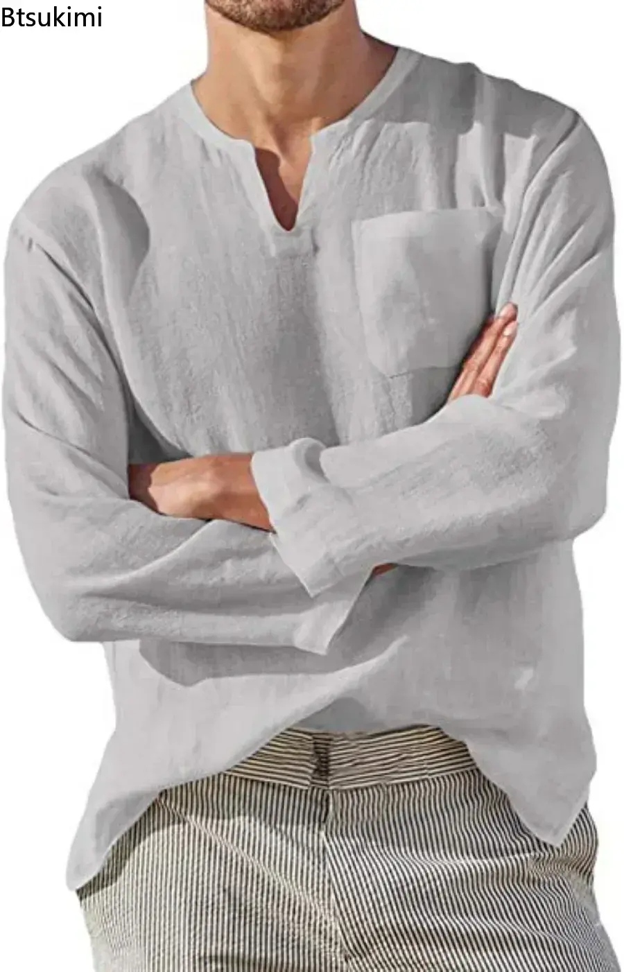 2025 Men's Solid Cotton Linen Shirts Fashion Loose Casual V Neck Long-sleeved Blouses Male Breathable Simple Beachwear Tops 5XL