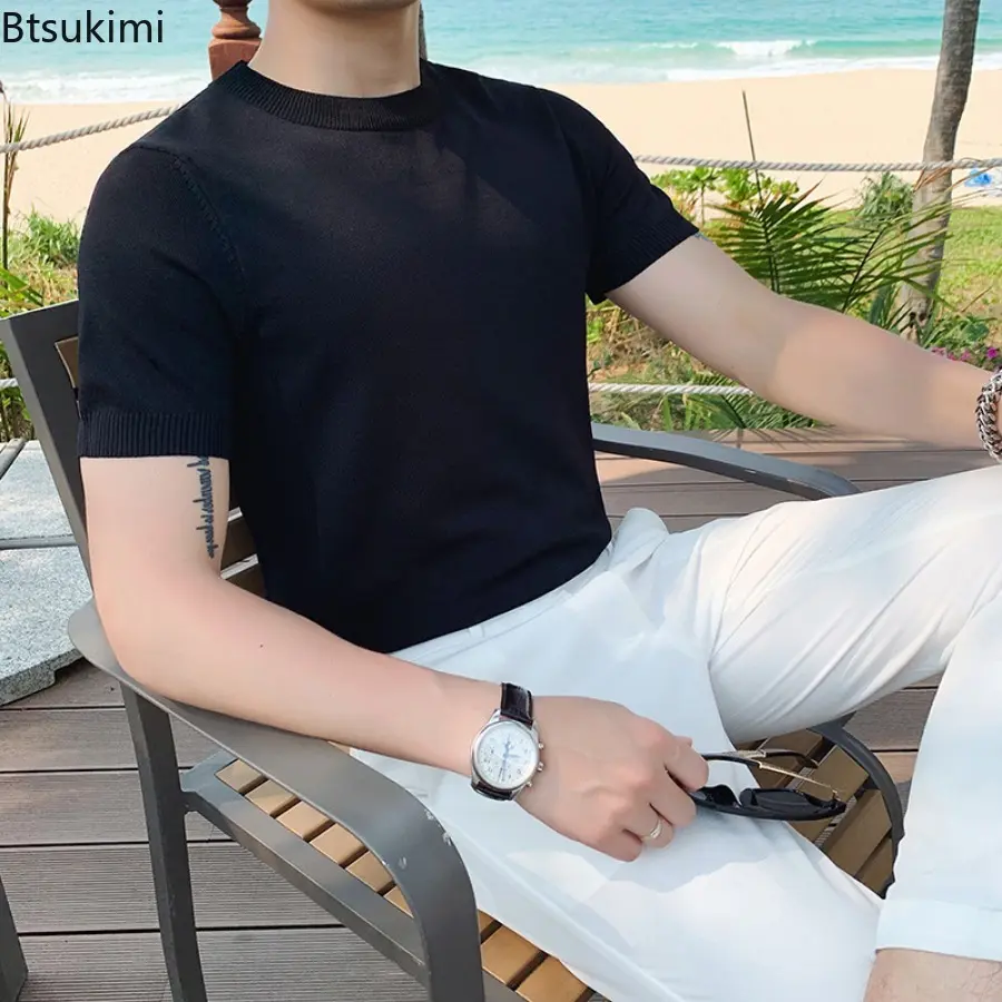2025 High Quality Men's Knitted Short Sleeve T-shirt Summer Solid Slim All Match Knit Round Neck Pullover Fashion Men's Clothing