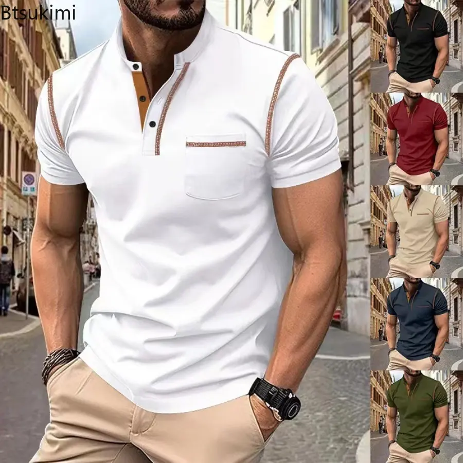 Summer Men's Solid Half Button-up V-neck Pullovers Short-sleeved Loose Casual T-shirt Fashion Men Clothing Versatile Polo Shirts