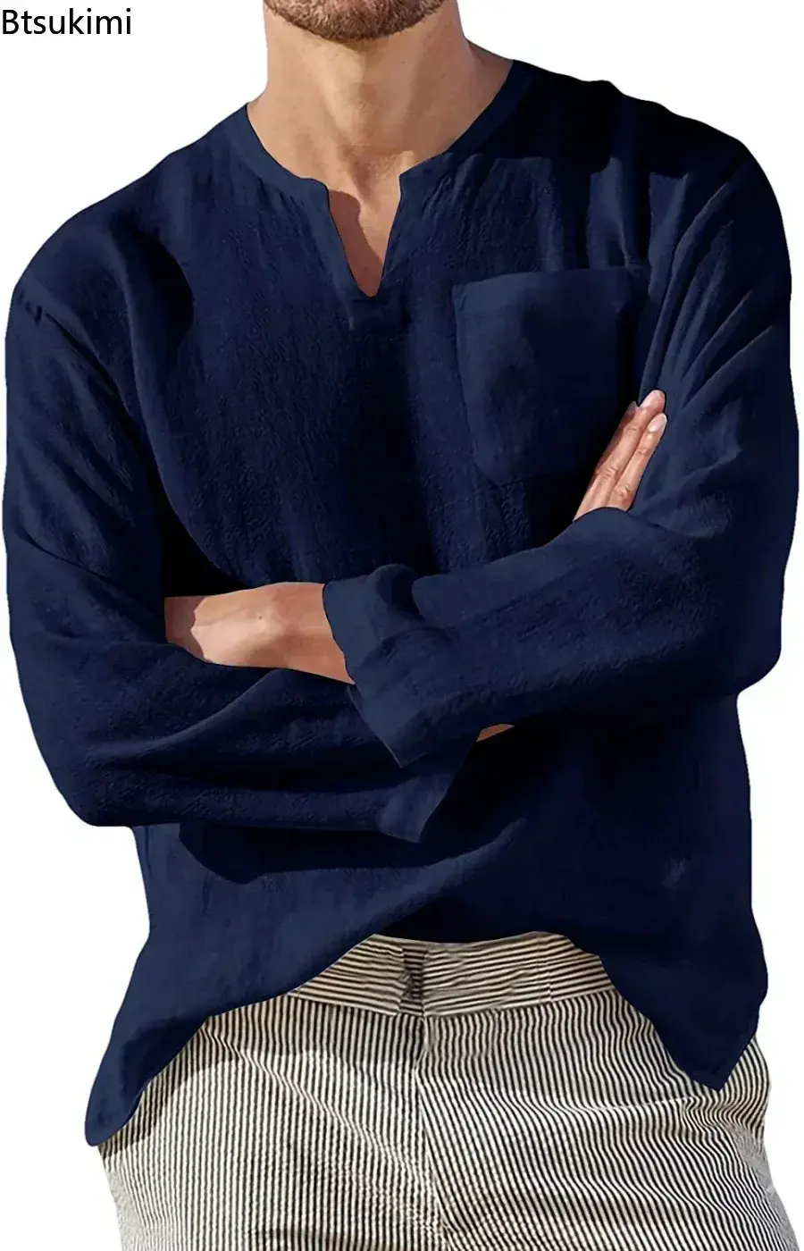 2025 Men's Solid Cotton Linen Shirts Fashion Loose Casual V Neck Long-sleeved Blouses Male Breathable Simple Beachwear Tops 5XL