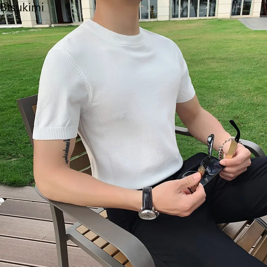 2025 High Quality Men's Knitted Short Sleeve T-shirt Summer Solid Slim All Match Knit Round Neck Pullover Fashion Men's Clothing