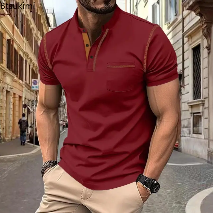 Summer Men's Solid Half Button-up V-neck Pullovers Short-sleeved Loose Casual T-shirt Fashion Men Clothing Versatile Polo Shirts