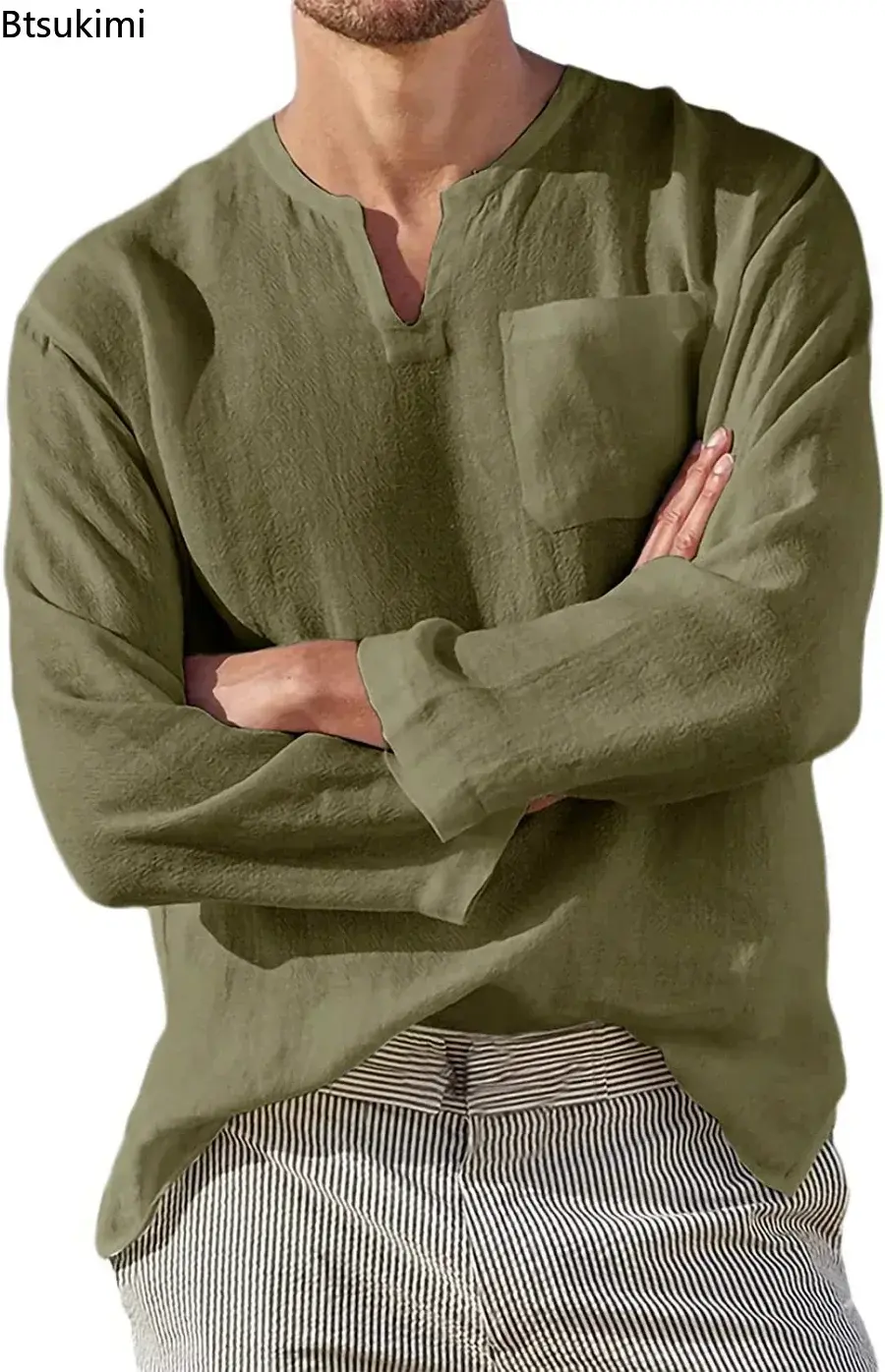 2025 Men's Solid Cotton Linen Shirts Fashion Loose Casual V Neck Long-sleeved Blouses Male Breathable Simple Beachwear Tops 5XL