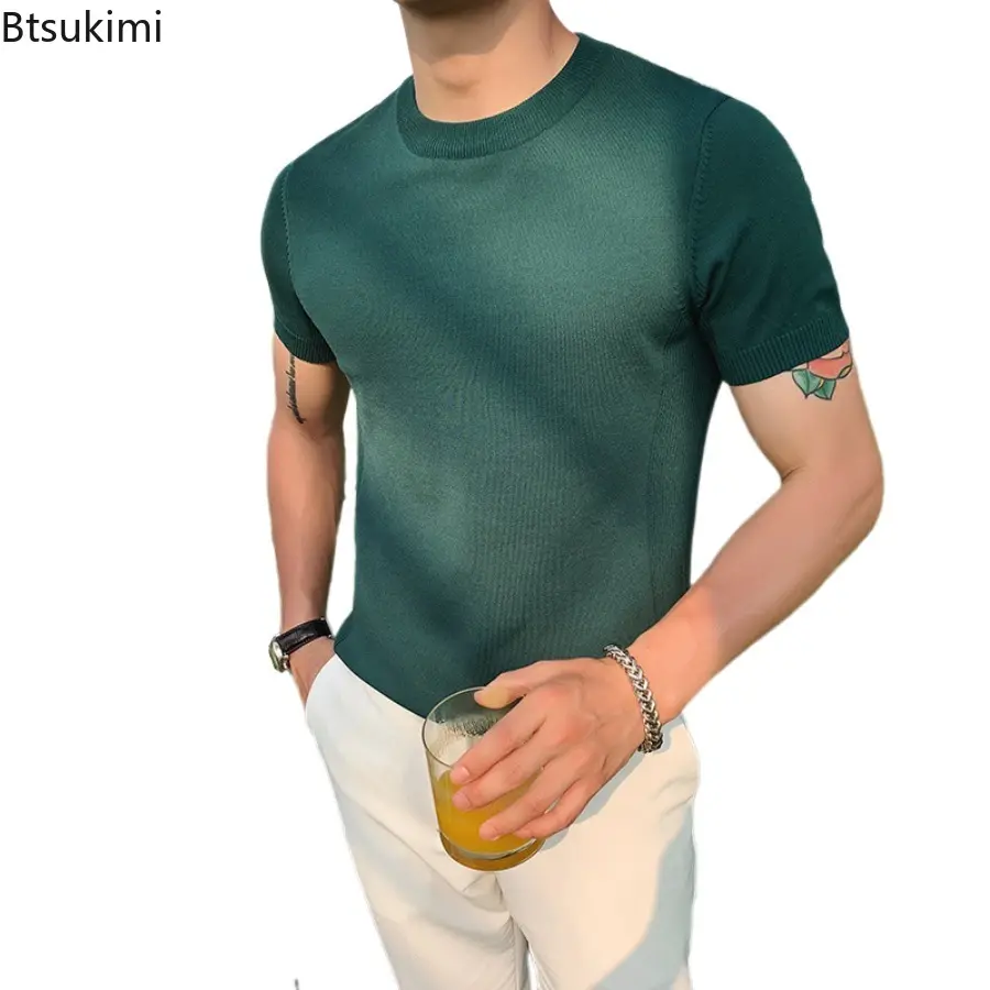 2025 High Quality Men's Knitted Short Sleeve T-shirt Summer Solid Slim All Match Knit Round Neck Pullover Fashion Men's Clothing