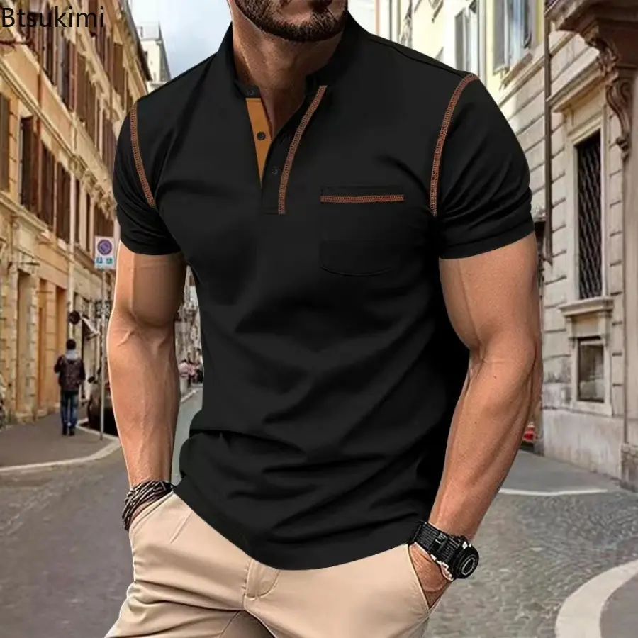 Summer Men's Solid Half Button-up V-neck Pullovers Short-sleeved Loose Casual T-shirt Fashion Men Clothing Versatile Polo Shirts