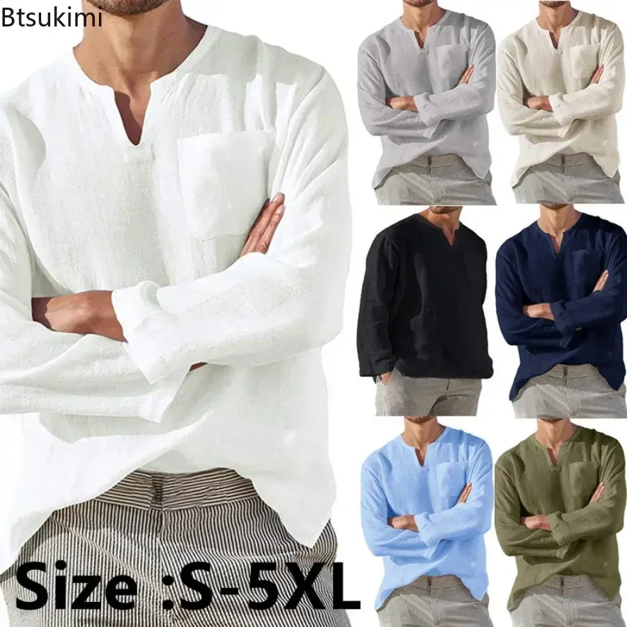 2025 Men's Solid Cotton Linen Shirts Fashion Loose Casual V Neck Long-sleeved Blouses Male Breathable Simple Beachwear Tops 5XL