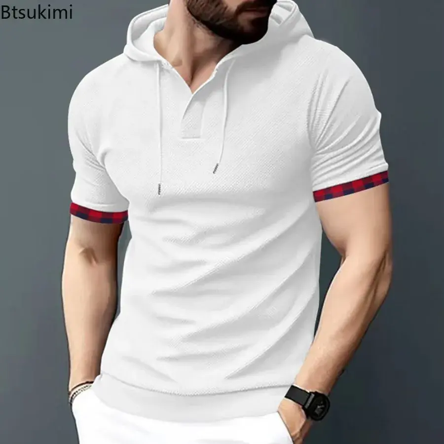 Summer New Men's Fashion Breathable Waffle Hooded T-shirt Men Short Sleeve Patchwork Casual Sport Tops 2025 Men Trend Streetwear