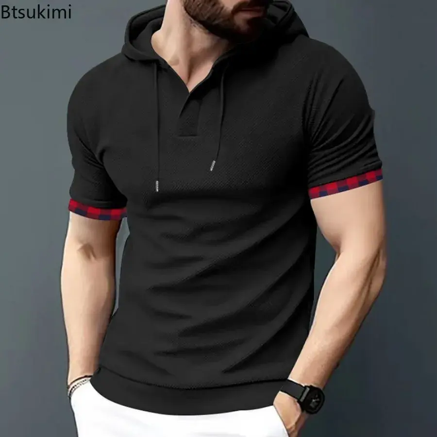 Summer New Men's Fashion Breathable Waffle Hooded T-shirt Men Short Sleeve Patchwork Casual Sport Tops 2025 Men Trend Streetwear