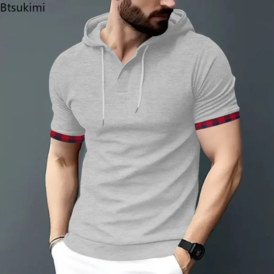 Summer New Men's Fashion Breathable Waffle Hooded T-shirt Men Short Sleeve Patchwork Casual Sport Tops 2025 Men Trend Streetwear