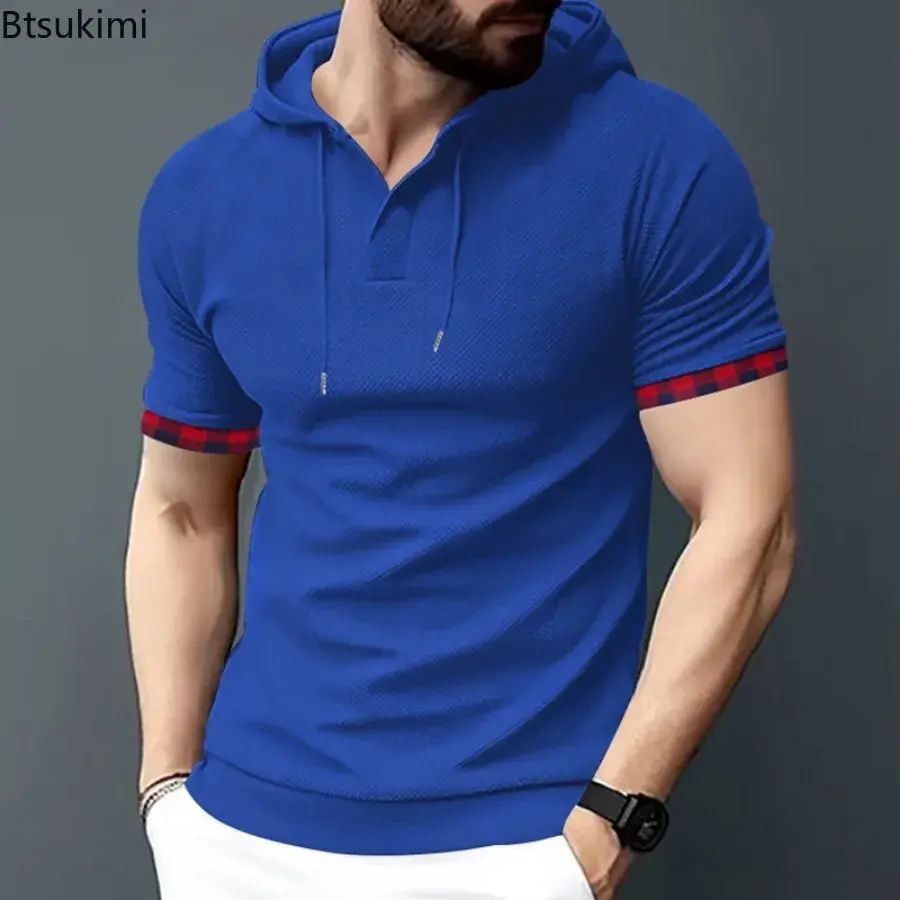 Summer New Men's Fashion Breathable Waffle Hooded T-shirt Men Short Sleeve Patchwork Casual Sport Tops 2025 Men Trend Streetwear