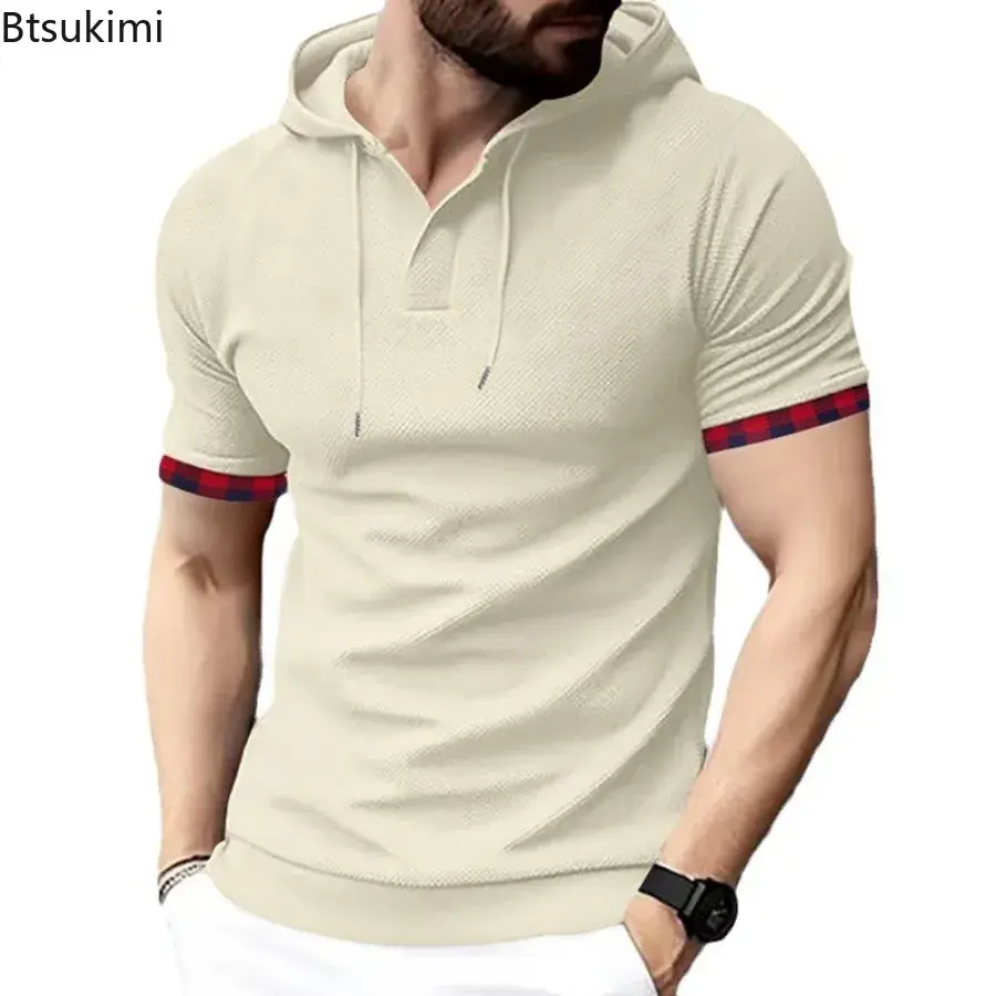 Summer New Men's Fashion Breathable Waffle Hooded T-shirt Men Short Sleeve Patchwork Casual Sport Tops 2025 Men Trend Streetwear