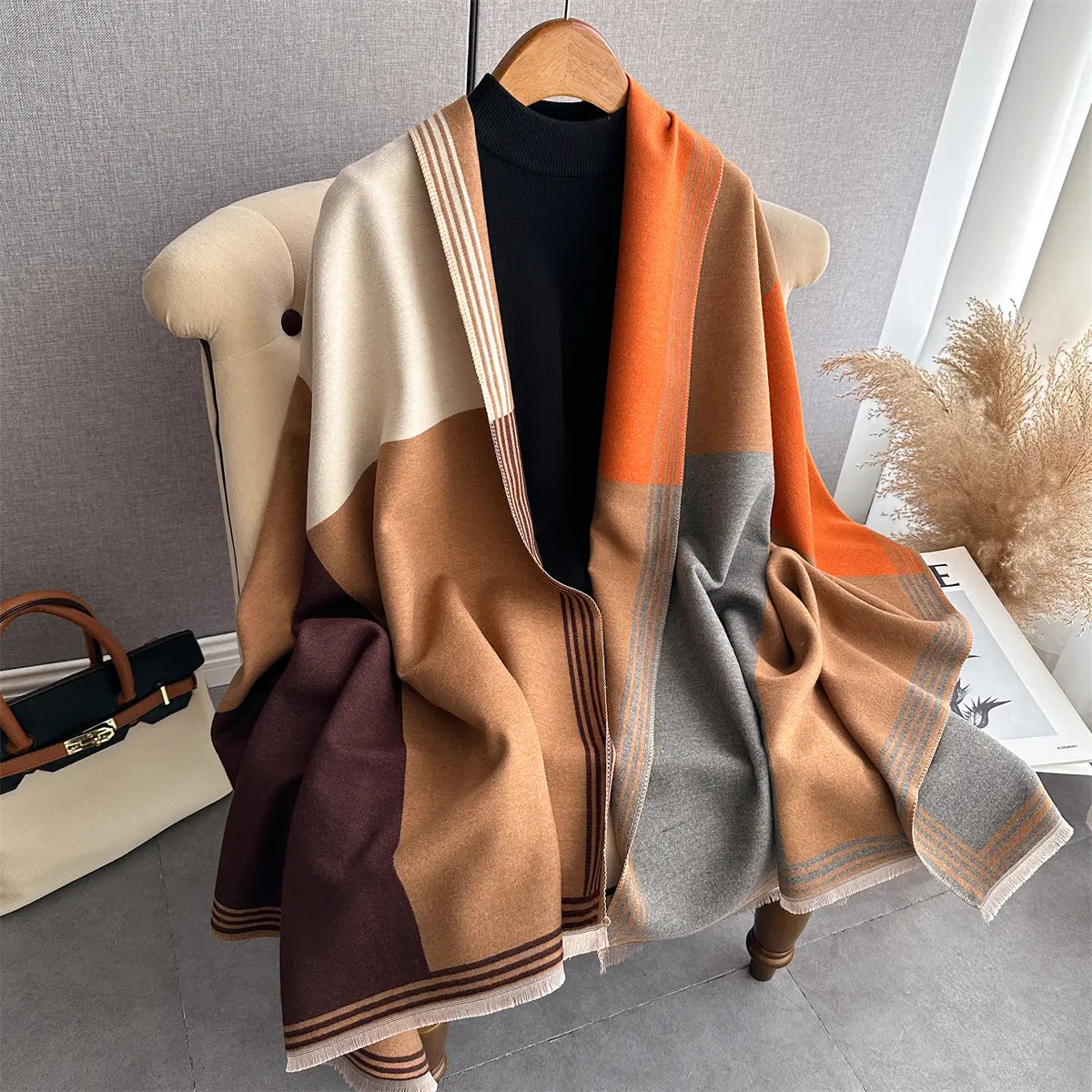 Imitation Cashmere Length Scarf Winter Women's Geometric Splicing Warps Autumn And Winter Fashion Warm Versatile Long Shawl