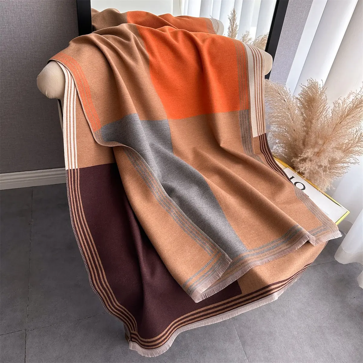 Imitation Cashmere Length Scarf Winter Women's Geometric Splicing Warps Autumn And Winter Fashion Warm Versatile Long Shawl