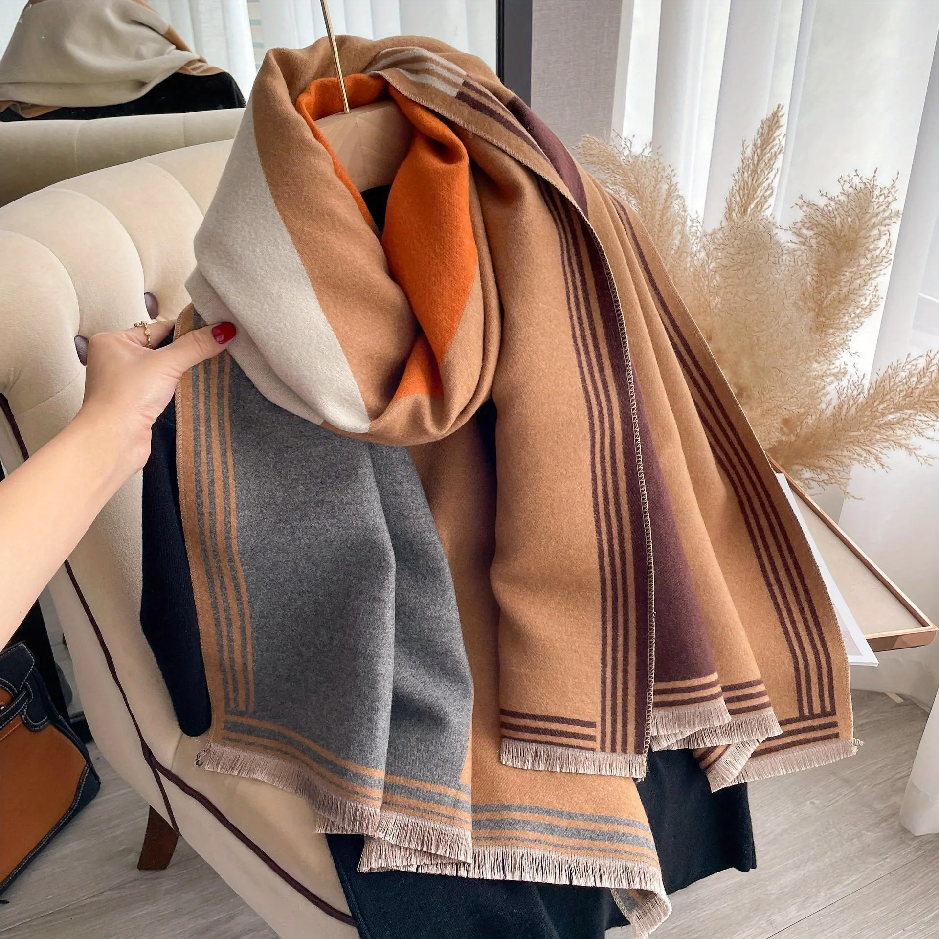 Imitation Cashmere Length Scarf Winter Women's Geometric Splicing Warps Autumn And Winter Fashion Warm Versatile Long Shawl