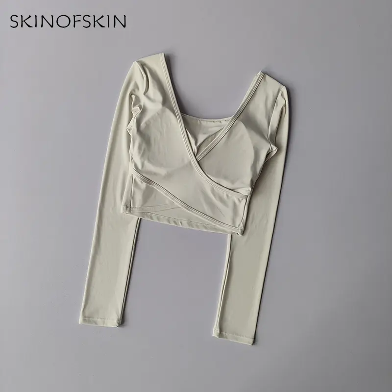 Fixed Chest Pads Crossed Back Yoga Clothes Tight Fitting Slimming Sports Long Sleeved Running Pula Fitness Clothes Tops Shirts