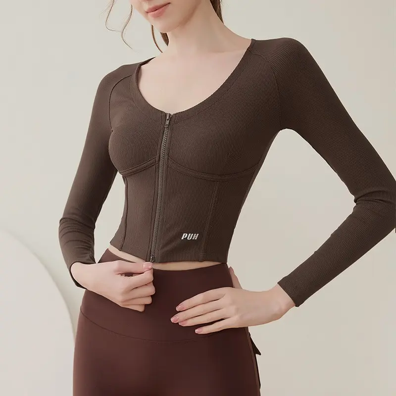 Double Zipper Sexy V-neck Sports Top Women's Slimming Yoga Suit Shirts Long Sleeved Elastic Quick Drying Slim Fit Pilates Top
