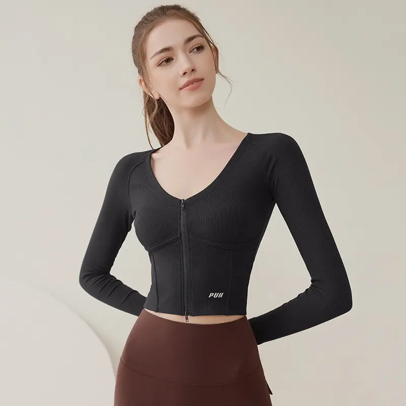 Double Zipper Sexy V-neck Sports Top Women's Slimming Yoga Suit Shirts Long Sleeved Elastic Quick Drying Slim Fit Pilates Top