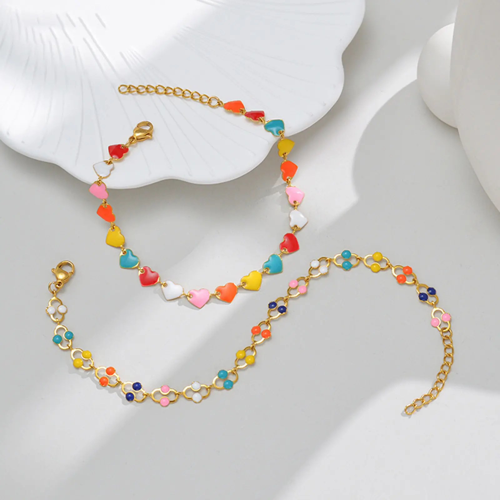 1PC Fashion 304 Stainless Steel Link Chain Gold Color Bracelets Multicolor Enamel Heart Moon Charms Bracelet Women Party Jewelry