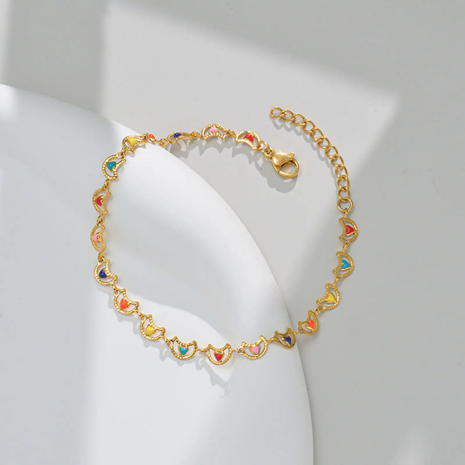 1PC Fashion 304 Stainless Steel Link Chain Gold Color Bracelets Multicolor Enamel Heart Moon Charms Bracelet Women Party Jewelry
