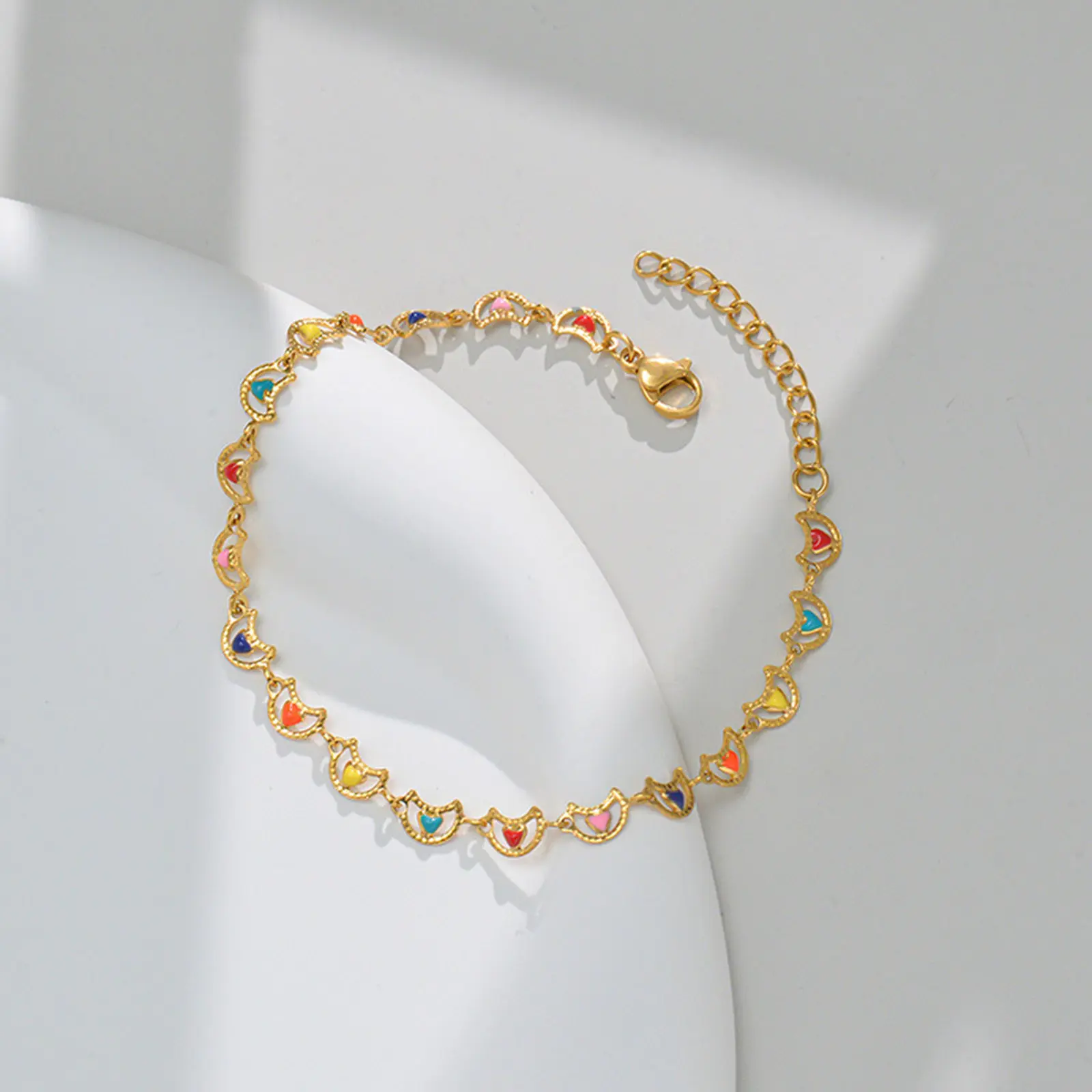 1PC Fashion 304 Stainless Steel Link Chain Gold Color Bracelets Multicolor Enamel Heart Moon Charms Bracelet Women Party Jewelry