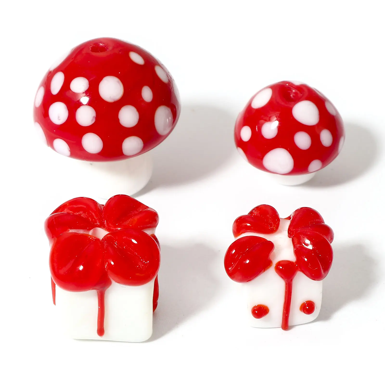 2 PCs White & Red Lampwork Beads 3D Glass Mushroom Bead For DIY Charm Jewelry Making Bracelets Neckalce Jewelry Findings