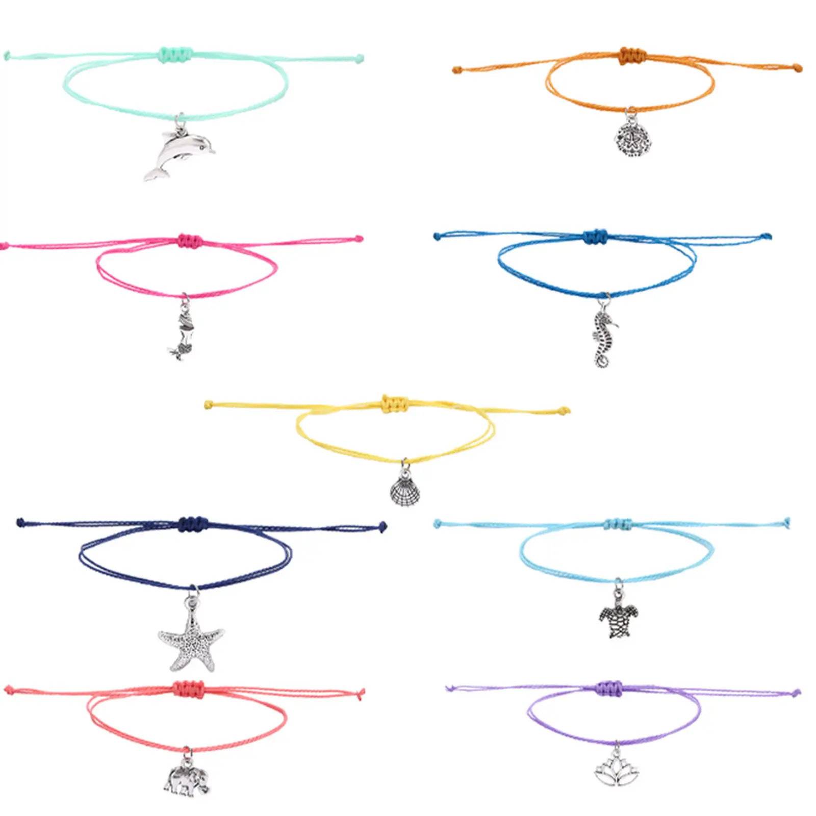 1 PCs Polyester Boho Bohemia Braided Anklet Antique Silver Color Multicolor Sea Turtle Animal Star Fish Adjustable 24-30cm