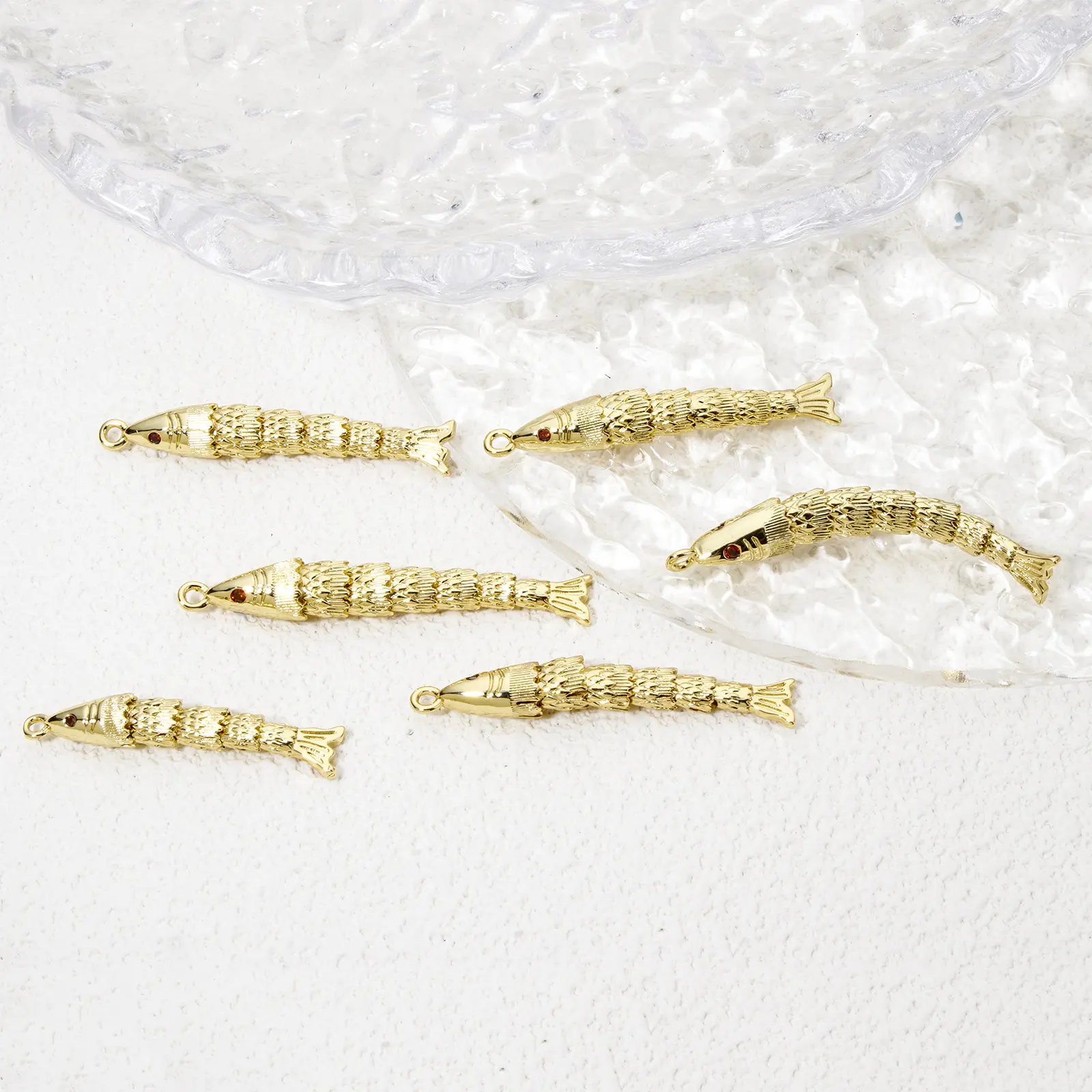 1 Piece Brass Ocean Jewelry Pendants Fish Animal Movable 3D Charms 18K Gold Color Wine Red Cubic Zirconia Eye For Necklace DIY