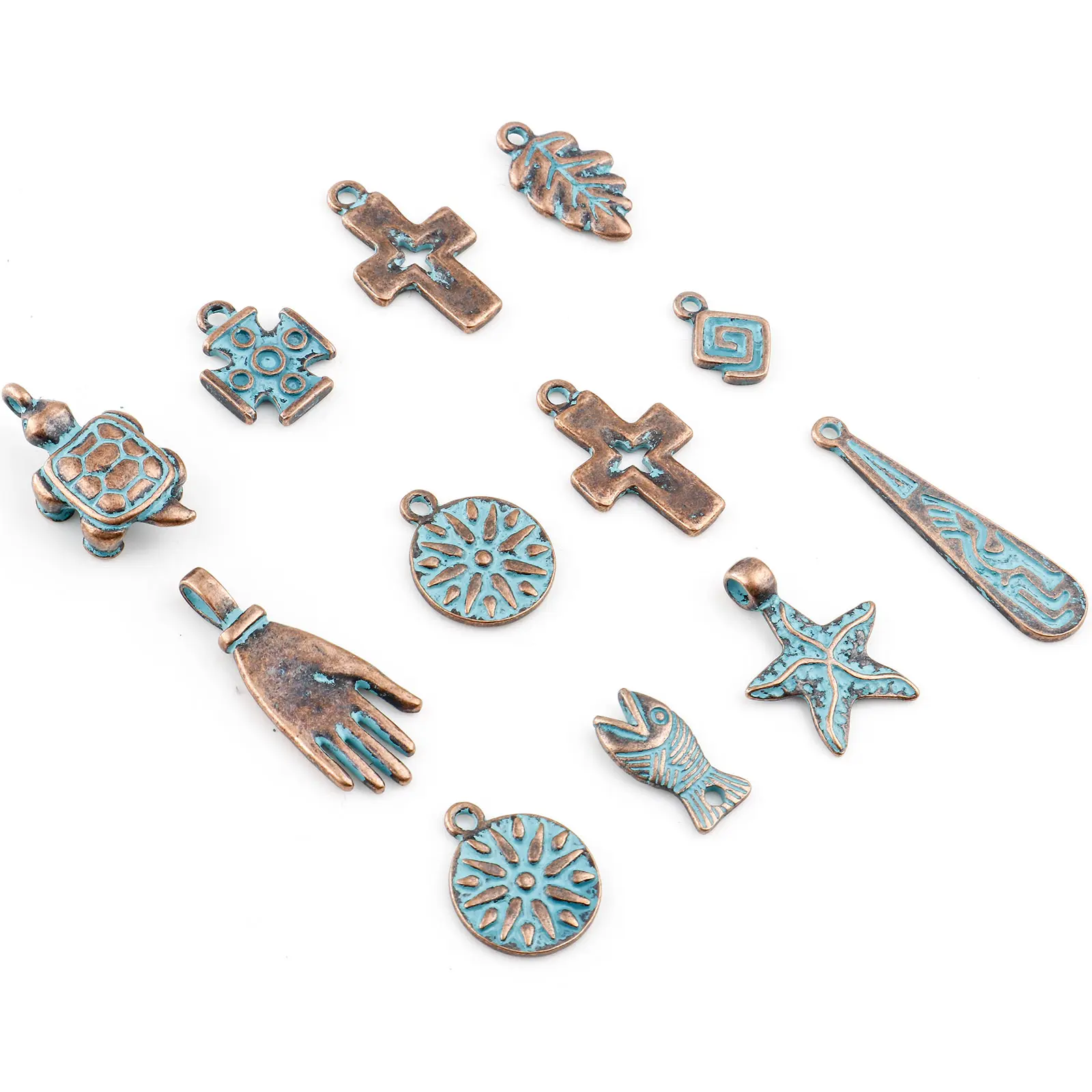 20PCs Bohemian Patina Pendant Vintage Antique Copper Geometric Leaf Cross Metal Charms DIY Making Necklace Earrings Jewelry