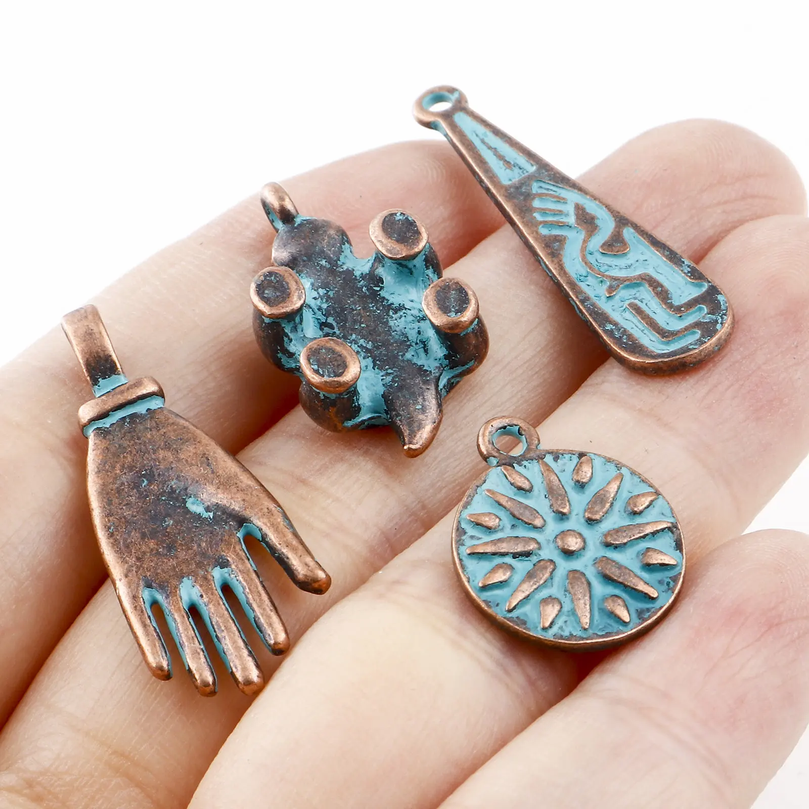 20PCs Bohemian Patina Pendant Vintage Antique Copper Geometric Leaf Cross Metal Charms DIY Making Necklace Earrings Jewelry