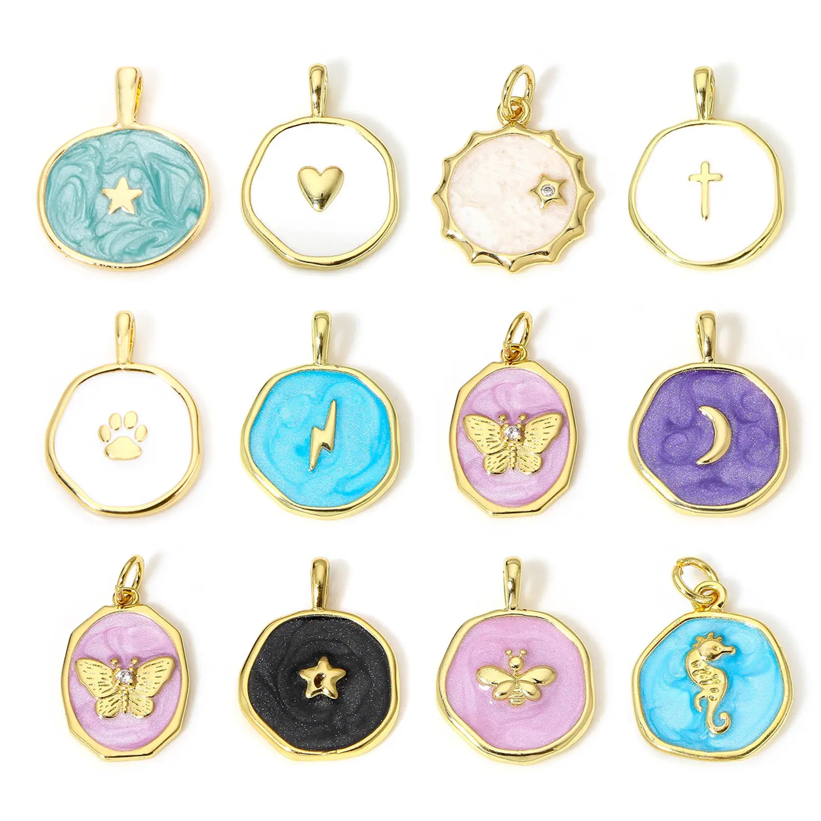 Brass Concise Brass Moon Lighting Enamel Charms For Jewelry Making 18K Real Gold Plated Irregular Pentagram Star Pendant, 1 PC