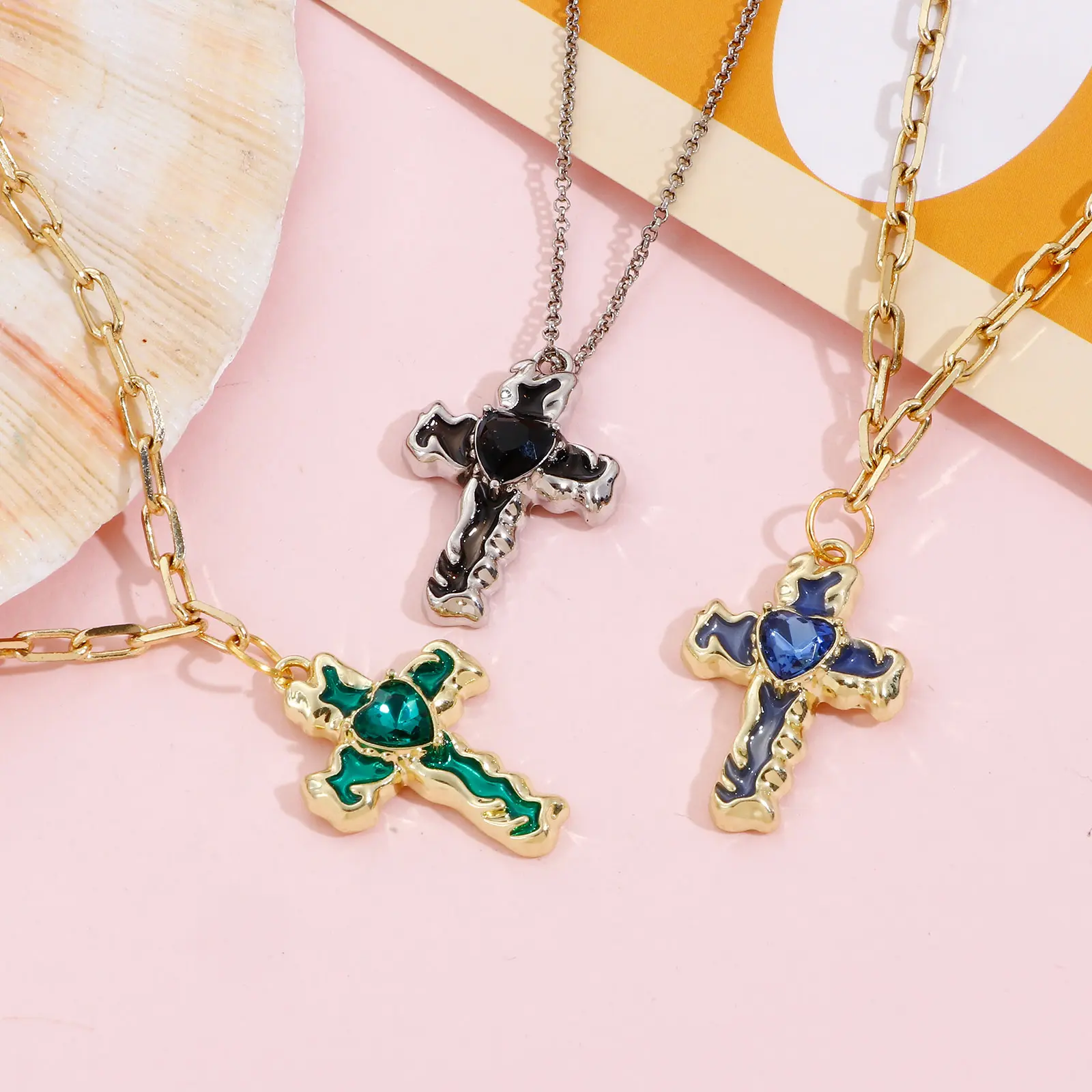 Zinc Based Alloy Religious Cross Charms Enamel Metal Pendants For Handmade Necklace Jewelry Making Findings 28mm x 19mm, 5 PCs